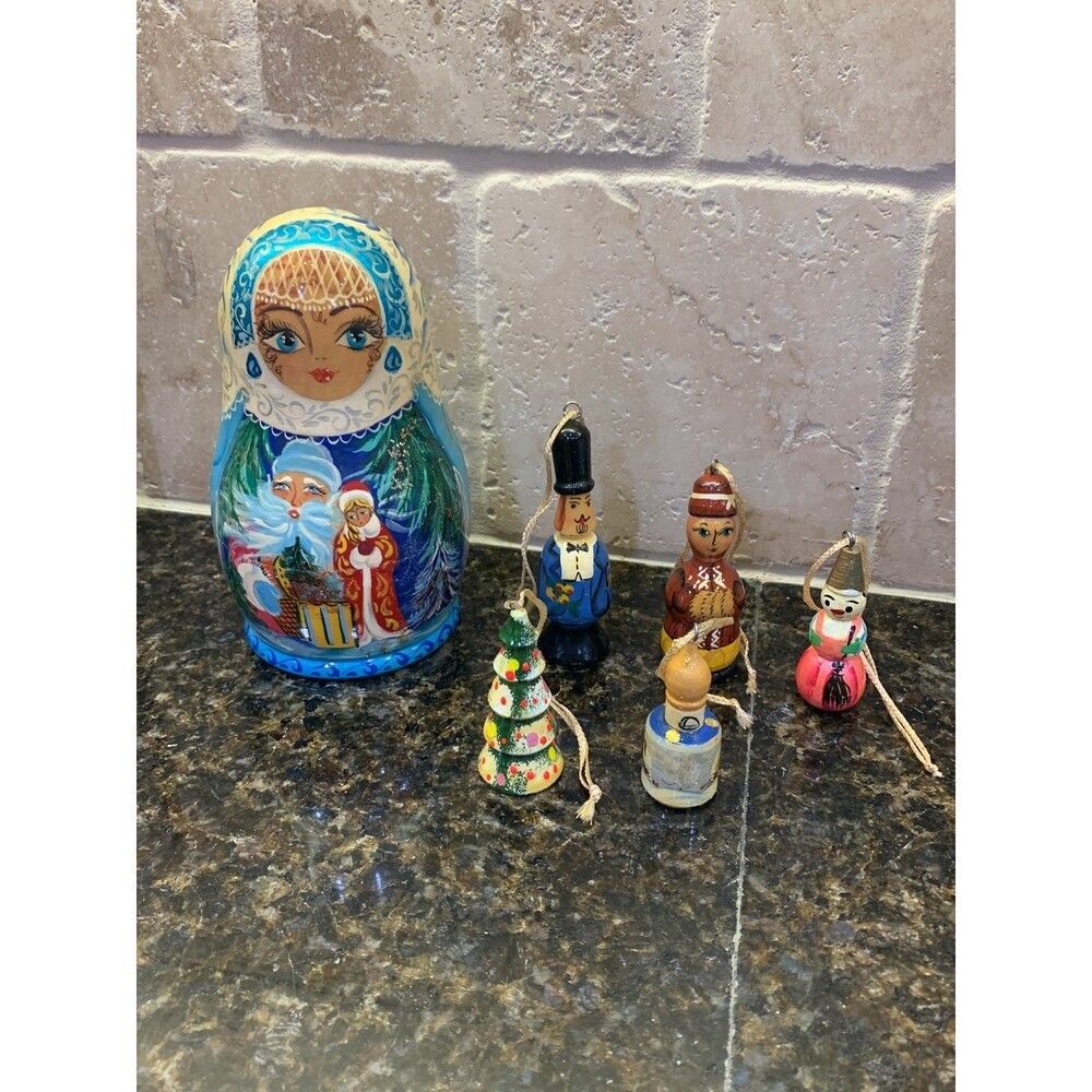 Vintage Christmas Hand-Painted Doll w/Wooden Ornaments by G. DeBrekht